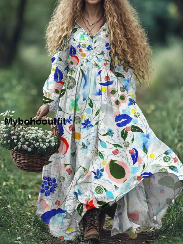 Women’s Fashion Elegant Floral Art Print V-Neck Long Sleeve Dress A / S