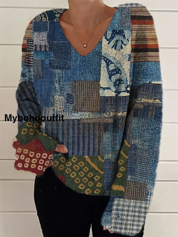 Women’s Fashion Elegant Retro Art Print V-Neck Long Sleeve Knitted Sweater A / S