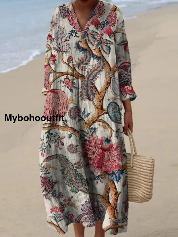 Women’s Fashion Elegant Vintage Art Floral Print V Neck Long Sleeve Maxi Dress A / S