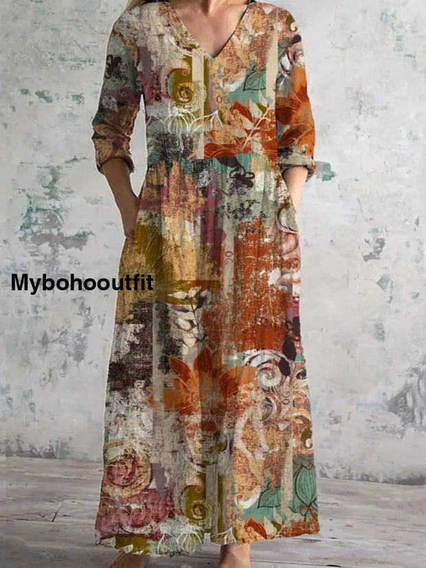 Women’s Fashion Elegant Vintage Mural Art Floral Print Three Quarter Sleeves V Neck Maxi Dress A / S