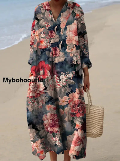 Women’s Fashion Elegant Vintage Oil Painting Art Floral Print V Neck Long Sleeve Maxi Dress A / S