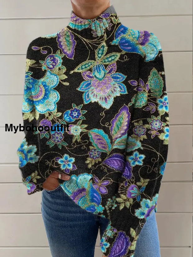 Women’s Fashion Retro Art Floral Print High-Neck Long-Sleeved Sweater A / S