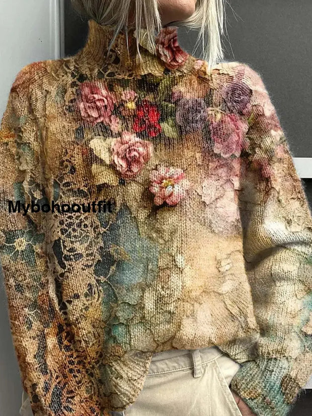 Women’s Fashion Retro Art Floral Print High-Neck Long-Sleeved Sweater A / S