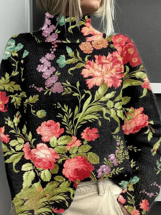 Women’s Fashion Retro Art Floral Print High-Neck Long-Sleeved Sweater A / S