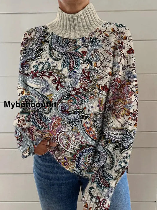 Women’s Fashion Retro Art Floral Print High-Neck Long-Sleeved Sweater A / S