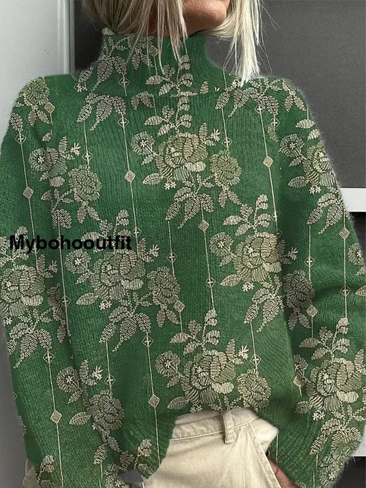Women’s Fashion Retro Art Floral Print High-Neck Long-Sleeved Sweater A / S