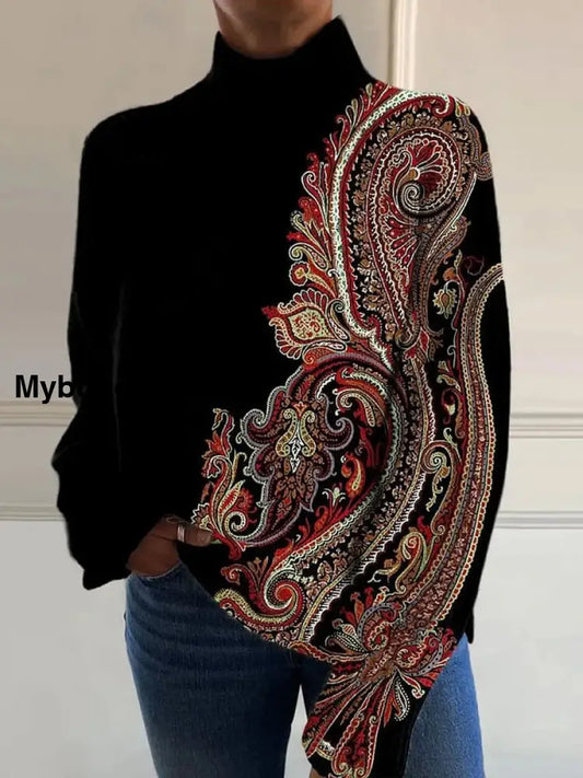 Women’s Fashion Retro Art Print High-Neck Long-Sleeved Sweater A / S