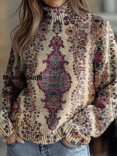 Women’s Fashion Retro Art Print High-Neck Long-Sleeved Sweater A / S