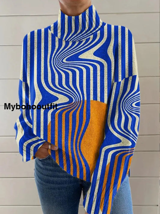 Women’s Fashion Retro Line Art Print High-Neck Long-Sleeved Sweater A / S