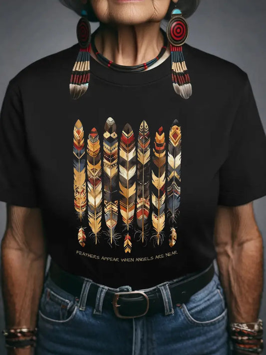Women’s Feathers Appear When Angels Are Near Print T-Shirt Black / S