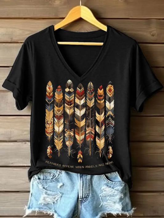 Women’s Feathers Appear When Angels Are Near Print V-Neck T-Shirt Black / S