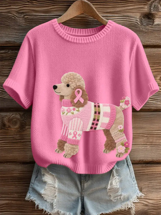 Women’s Felt Art Poodle Dog Pattern Cozy Knit Top Pink / S