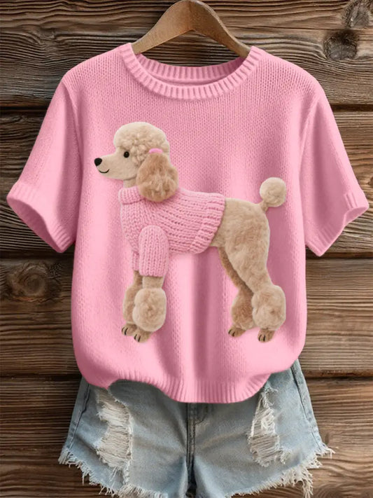 Women’s Felt Art Poodle Dog Pattern Cozy Knit Top Pink / S