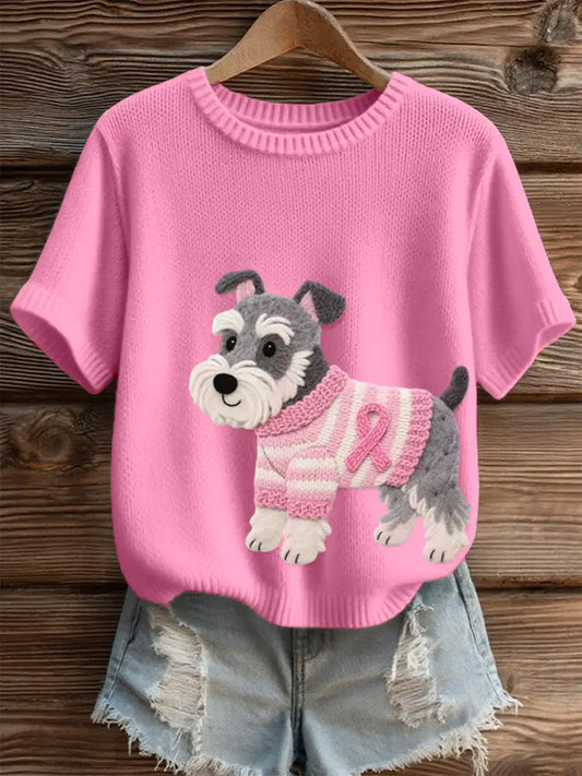Women’s Felt Art Schnauzer Dog Pattern Cozy Knit Top Pink / S