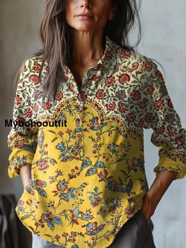 Women’s Floral Art Print Casual Cotton And Linen Shirt