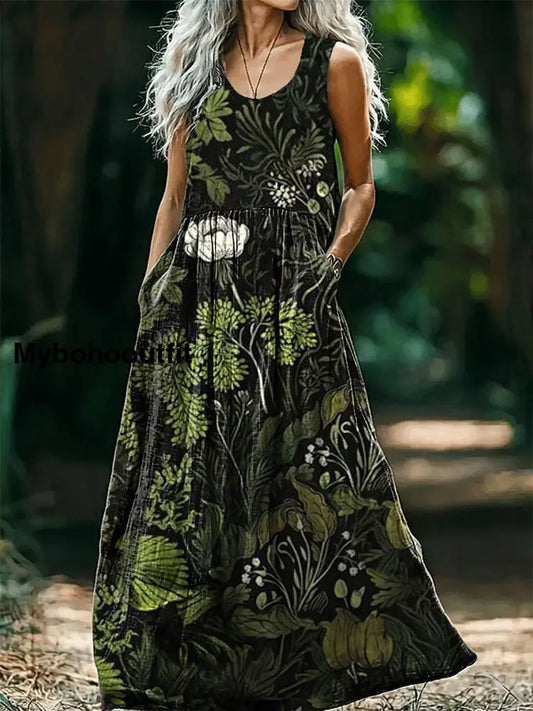 Women’s Floral Art Print Round Neck Sleeveless Cotton Pocket Dresses Multicolor / S