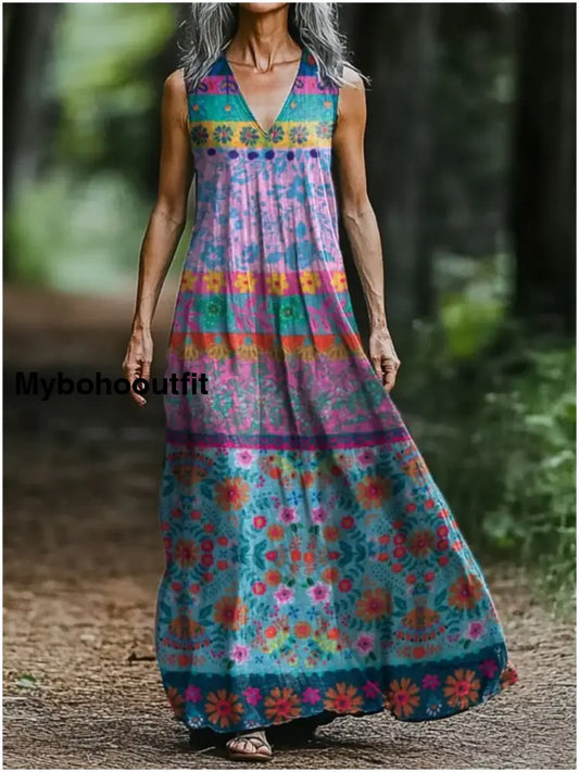 Women’s Floral Pattern Art Print Pocket Cotton Dress