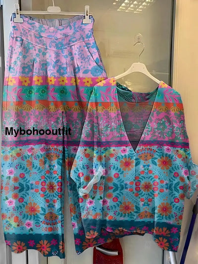 Women’s Floral Print V-Neck Wide-Leg Pants Cotton Suit A / S