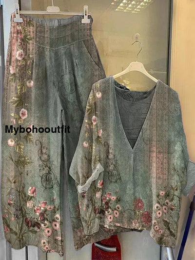 Women’s Floral Print V-Neck Wide-Leg Pants Cotton Suit A / S