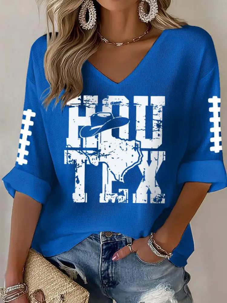 Women’s Football Fans Gameday Casual V neck Top Blue / S