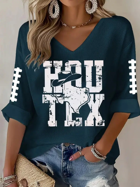 Women’s Football Fans Gameday Casual V neck Top Navy Blue / S