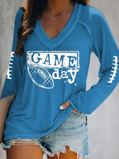 Women’s Football Fans Lovers Gameday Casual Double Layer Neck Long Sleeve T Shirt Blue / S