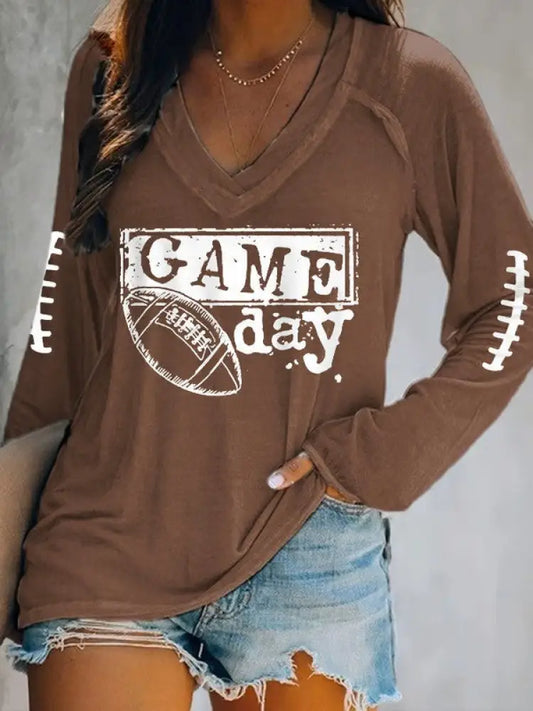 Women’s Football Fans Lovers Gameday Casual Double Layer Neck Long Sleeve T Shirt Brown / S
