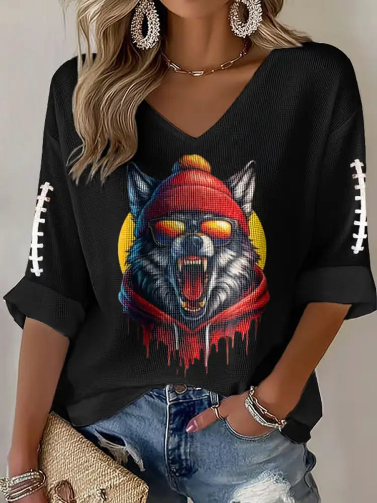 Women’s Football Fans Lovers Gameday Casual Long Sleeve Waffle T shirt Black / S