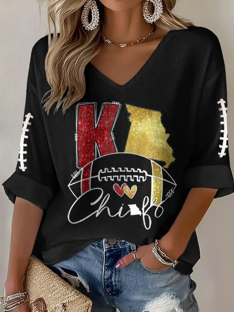 Women’s Football Fans Lovers Gameday Casual Long Sleeve Waffle T shirt Black / S