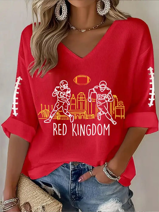 Women’s Football Fans Lovers Gameday Casual Long Sleeve Waffle T shirt Red / S