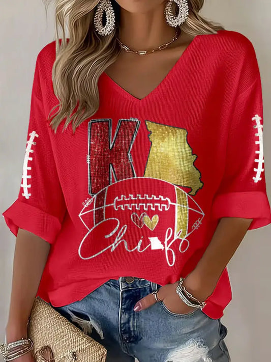 Women’s Football Fans Lovers Gameday Casual Long Sleeve Waffle T shirt Red / S