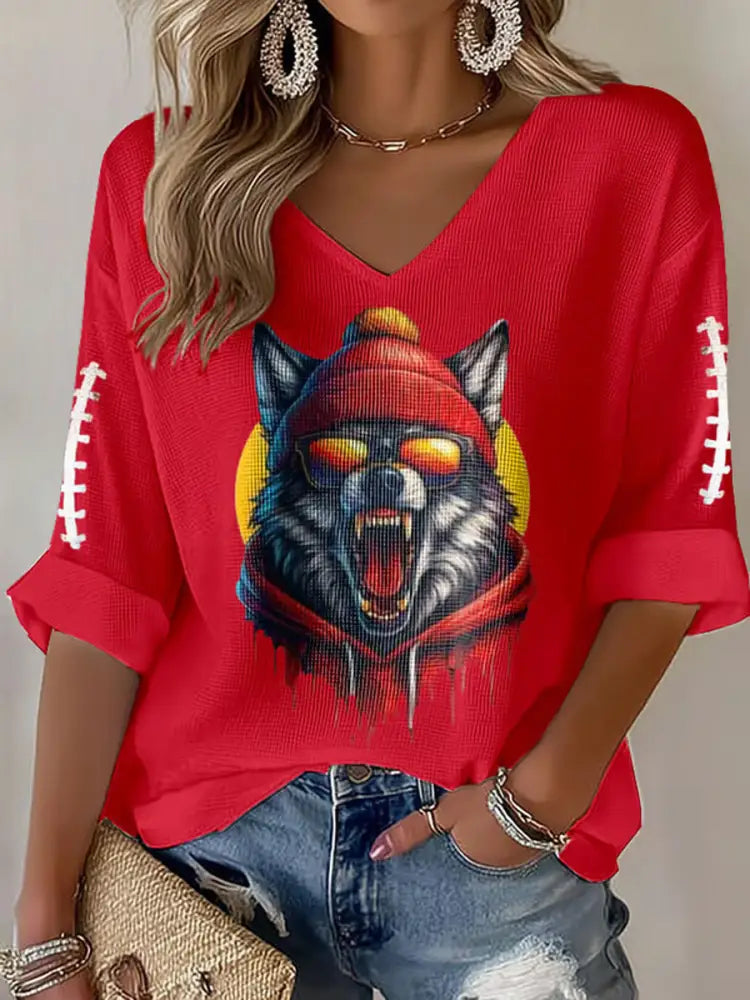 Women’s Football Fans Lovers Gameday Casual Long Sleeve Waffle T shirt Red / S