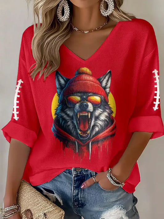 Women’s Football Fans Lovers Gameday Casual Long Sleeve Waffle T shirt Red / S
