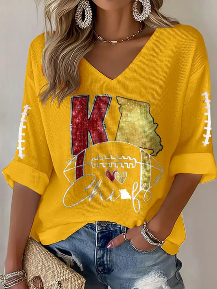 Women’s Football Fans Lovers Gameday Casual Long Sleeve Waffle T shirt Yellow / S