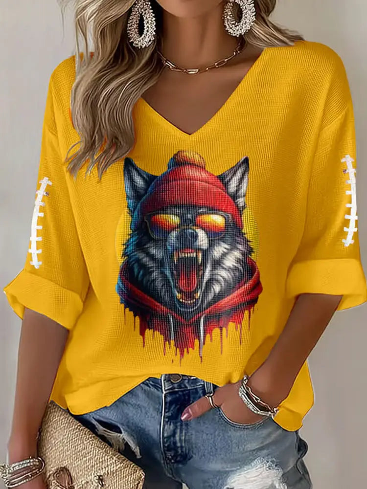 Women’s Football Fans Lovers Gameday Casual Long Sleeve Waffle T shirt Yellow / S