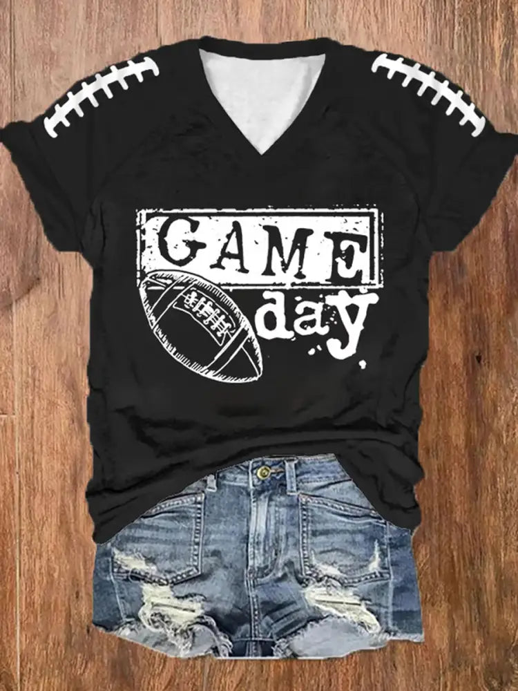 Women’s Football Fans Lovers Gameday Casual V neck off shoulder short sleeved T shirt Black / S