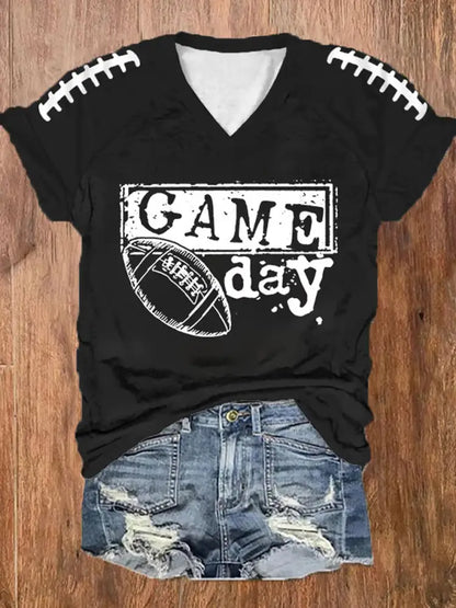 Women’s Football Fans Lovers Gameday Casual V neck off shoulder short sleeved T shirt Black / S