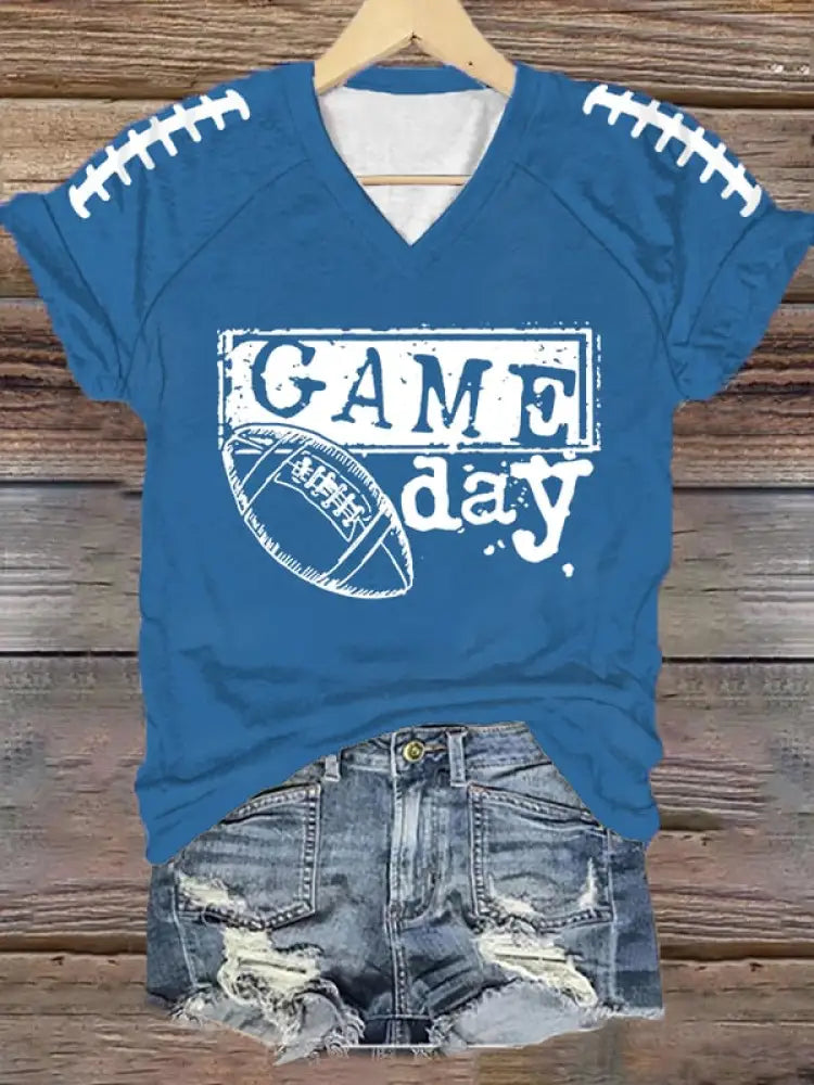 Women’s Football Fans Lovers Gameday Casual V neck off shoulder short sleeved T shirt Blue / S