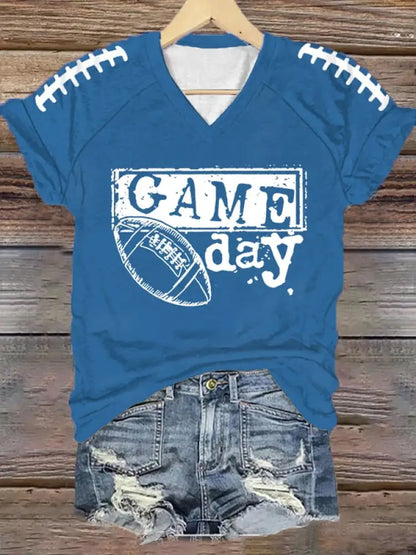Women’s Football Fans Lovers Gameday Casual V neck off shoulder short sleeved T shirt Blue / S