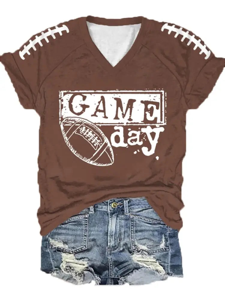 Women’s Football Fans Lovers Gameday Casual V neck off shoulder short sleeved T shirt Brown / S