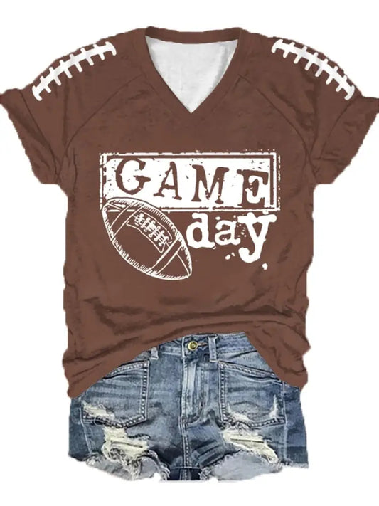 Women’s Football Fans Lovers Gameday Casual V neck off shoulder short sleeved T shirt Brown / S
