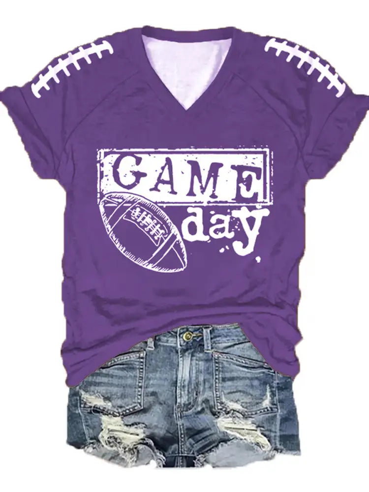 Women’s Football Fans Lovers Gameday Casual V neck off shoulder short sleeved T shirt Purple / S