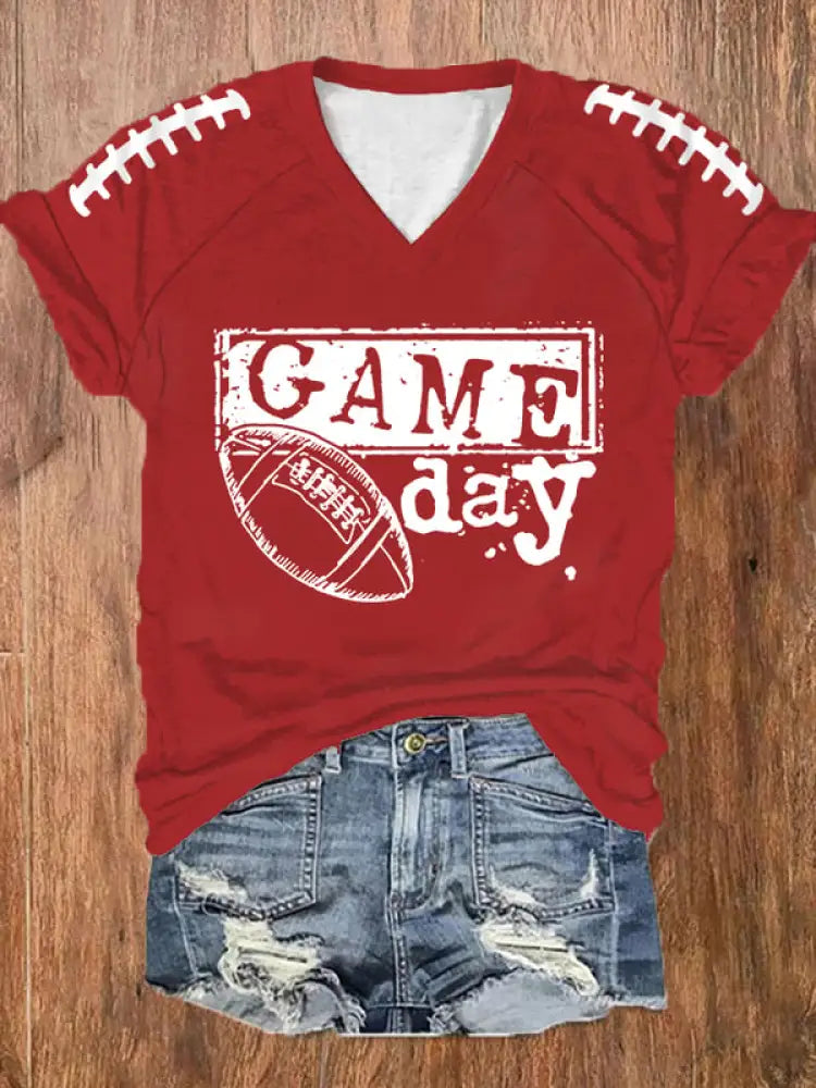 Women’s Football Fans Lovers Gameday Casual V neck off shoulder short sleeved T shirt Red / S