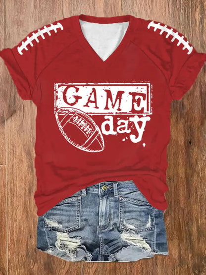 Women’s Football Fans Lovers Gameday Casual V neck off shoulder short sleeved T shirt Red / S