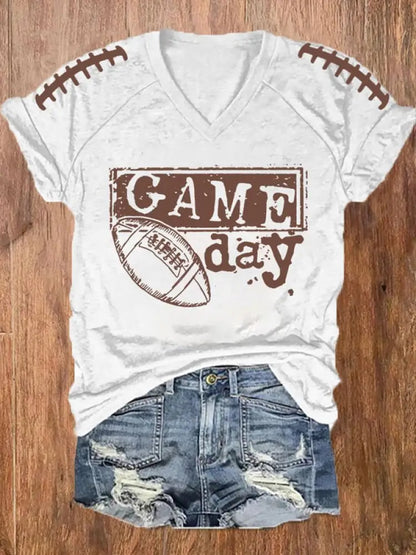 Women’s Football Fans Lovers Gameday Casual V neck off shoulder short sleeved T shirt White / S