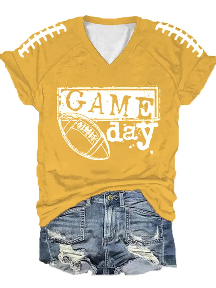 Women’s Football Fans Lovers Gameday Casual V neck off shoulder short sleeved T shirt Yellow / S