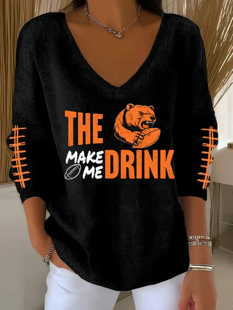 Women’s Football Fans Lovers Gameday Casual V Neck Ribbed Top Black / S