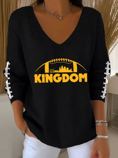 Women’s Football Fans Lovers Gameday Casual V Neck Ribbed Top Black / S