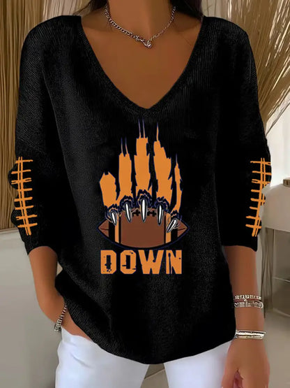 Women’s Football Fans Lovers Gameday Casual V Neck Ribbed Top Black / S