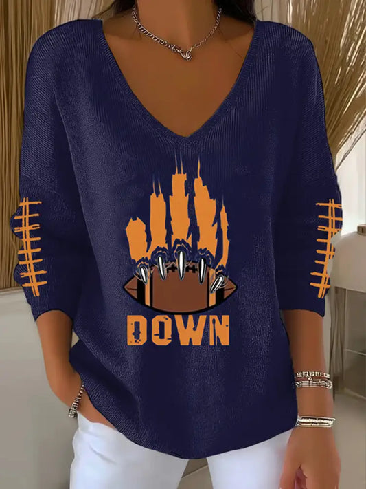 Women’s Football Fans Lovers Gameday Casual V Neck Ribbed Top Navy Blue / S